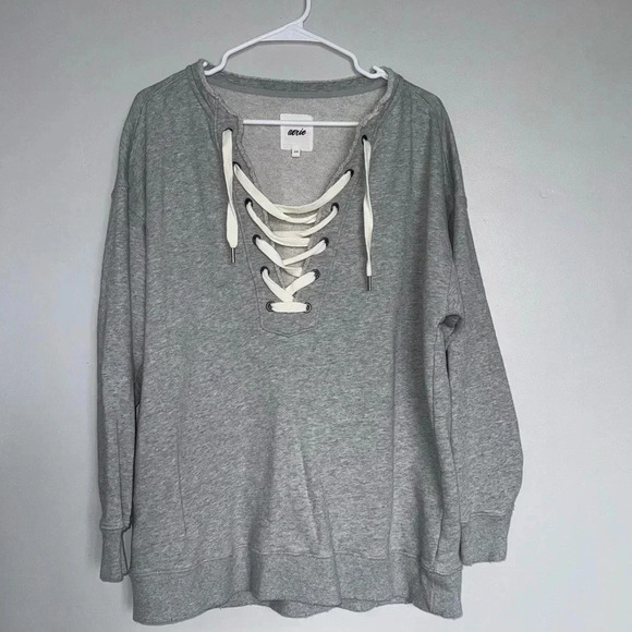 Aerie Lace Up Oversized Crew Sweatshirt Heather Gray Size Small - Picture 2 of 5